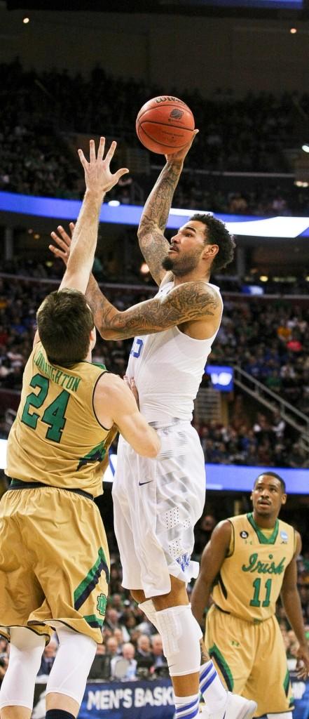 PHOTO COURTESY OF JONATHAN KRUEGER, THE KENTUCKY KERNEL Willie Cauley-Stein of the Kentucky Wildcats shoots over the Notre Dame defense Mar. 28.