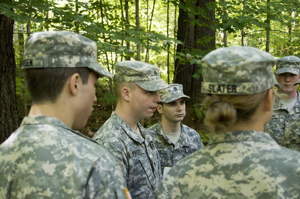 ROTC cadets strategize during a team-building exercise during the first day of training at Fort Ethan Allen in Jericho, Vt. Sept. 26. During the weekend of training, students gained skills with weapons, squad tactics and more.