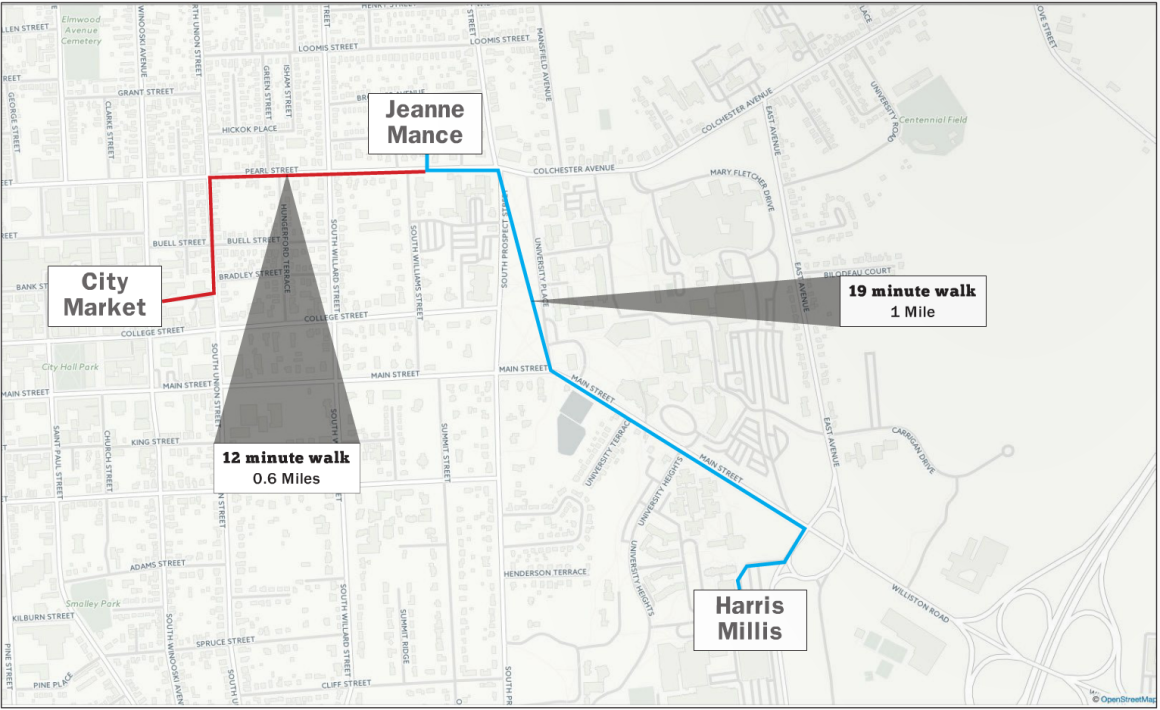 Jeanne Mance residents have to walk almost a mile to the nearest unlimited dining hall on weekends.  Data from google maps