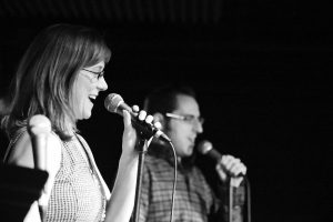 Vermont Comedy Club owners Natalie Miller and Nathan Hartswick thank supporters at the club’s grand opening in November.  PHOTO COURTESY VERMONT COMEDY CLUB 