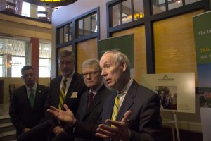 President Tom Sullivan(Right) and Frederick Morin, Dean of the College of Medicine(Center), announce a $19.7 million donation to the College of Medicine. Photo by Cole Wangsness